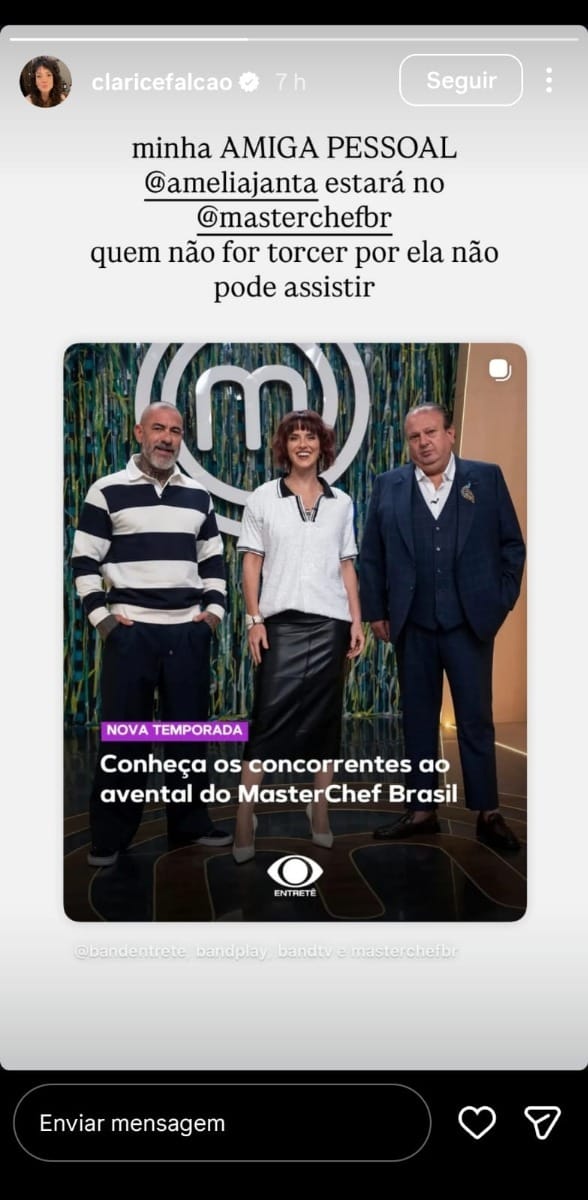 Clarice Falcão revela torcida para amiga no MasterChef 2026 (Reprodução/Instagram @claricefalcão)