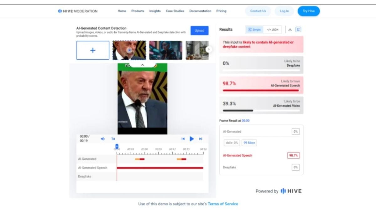 Captura de tela da ferramenta de detecção de uso de IA em vídeo | Crédito: Reprodução/Lupa