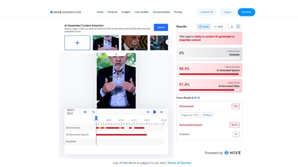 Captura de tela da ferramenta de detecção de uso de IA em vídeo | Crédito: Reprodução/Lupa