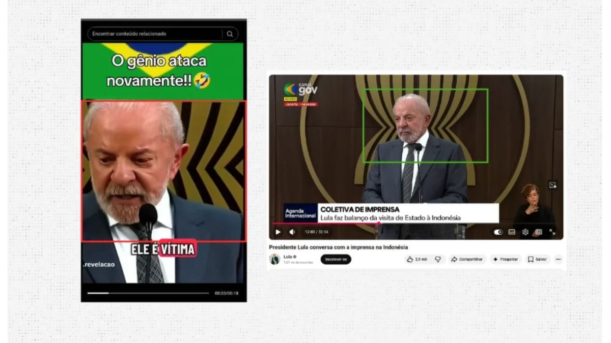 Comparação feita entre a captura de tela de um post falso no TikTok (à esq.) e o video original feita publicado no YouTube do presidente Lula (à dir.), com marcações assinaladas pela Lupa | Crédito: Reprodução/Lupa