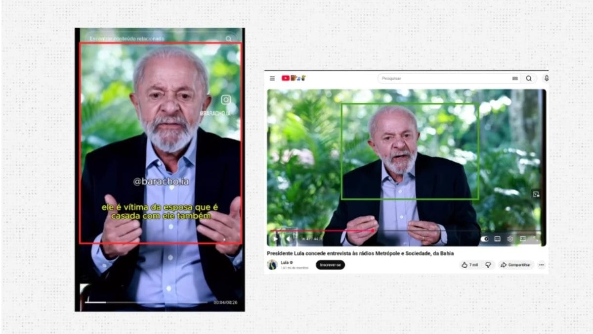 Comparação feita entre a captura de tela de um post falso no TikTok (à esq.) e o vídeo original feita publicado no YouTube do presidente Lula (à dir.), com marcações assinaladas pela Lupa