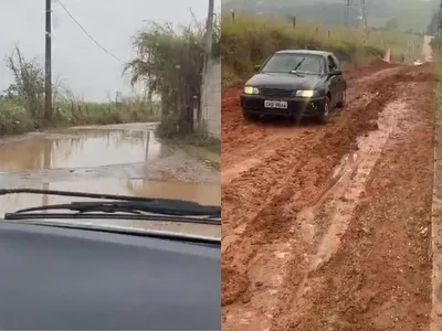 Chuva em Caçapava: carros atolados na lama na estrada do Portal Villa Rica