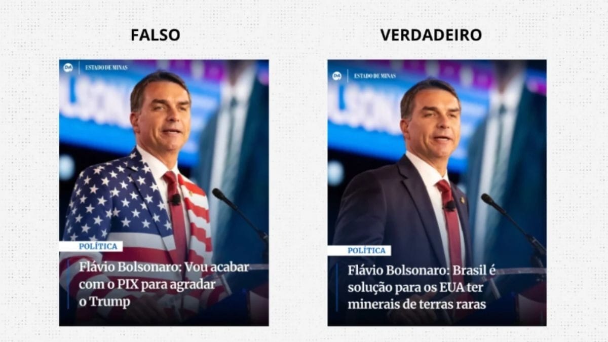 Comparação entre as imagens mostra que, na fotografia verdadeira, o terno utilizado por Flávio possui dobras naturais, o que não é apresentado na representação falsa | Crédito: Reprodução/Lupa