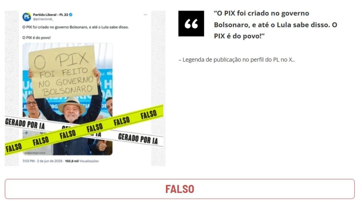 É falsa a imagem de Lula com placa sobre o Pix no governo Bolsonaro | Crédito: Reprodução/Lupa