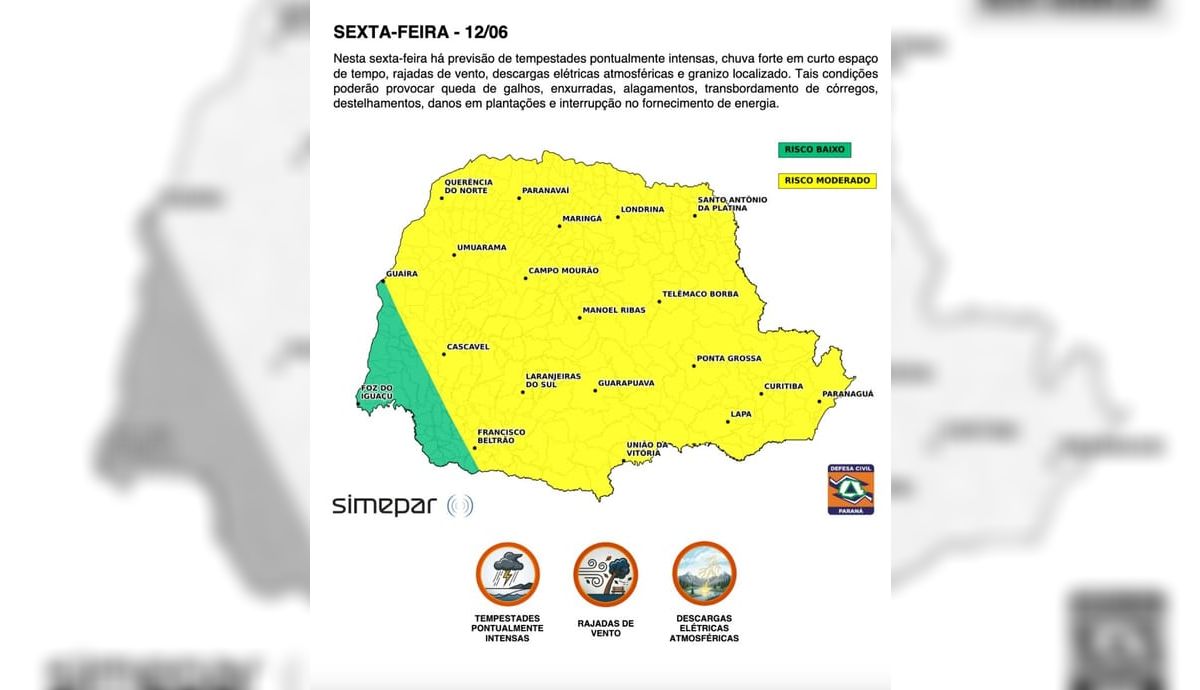Defesa Civil alerta para risco de tempestades no Paraná