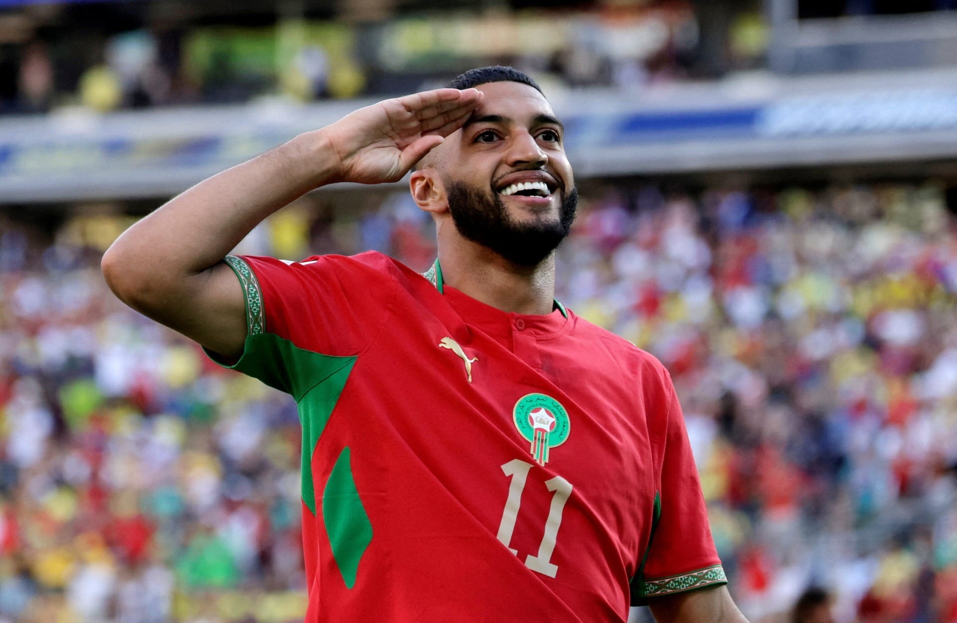 Ismael Saibari comemorando o gol que abriu o placar para Marrocos. Foto: REUTERS/Jeenah Moon