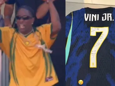 Travis Scott ganha camisa autografada de Vini Jr. após torcer pelo Brasil