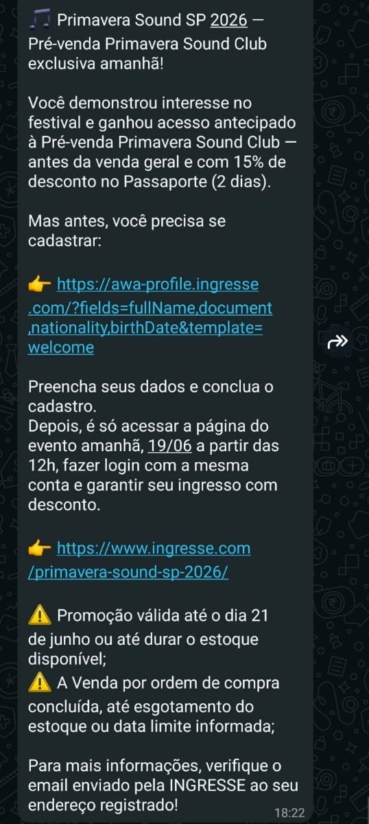 Mensagem enviada aos inscritos na lista de espera do Primavera Sound São Paulo 2026 (Reprodução/WhatsApp)