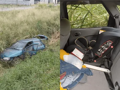 Carro com mãe e bebê é lançado para fora da Dutra em Pindamonhangaba