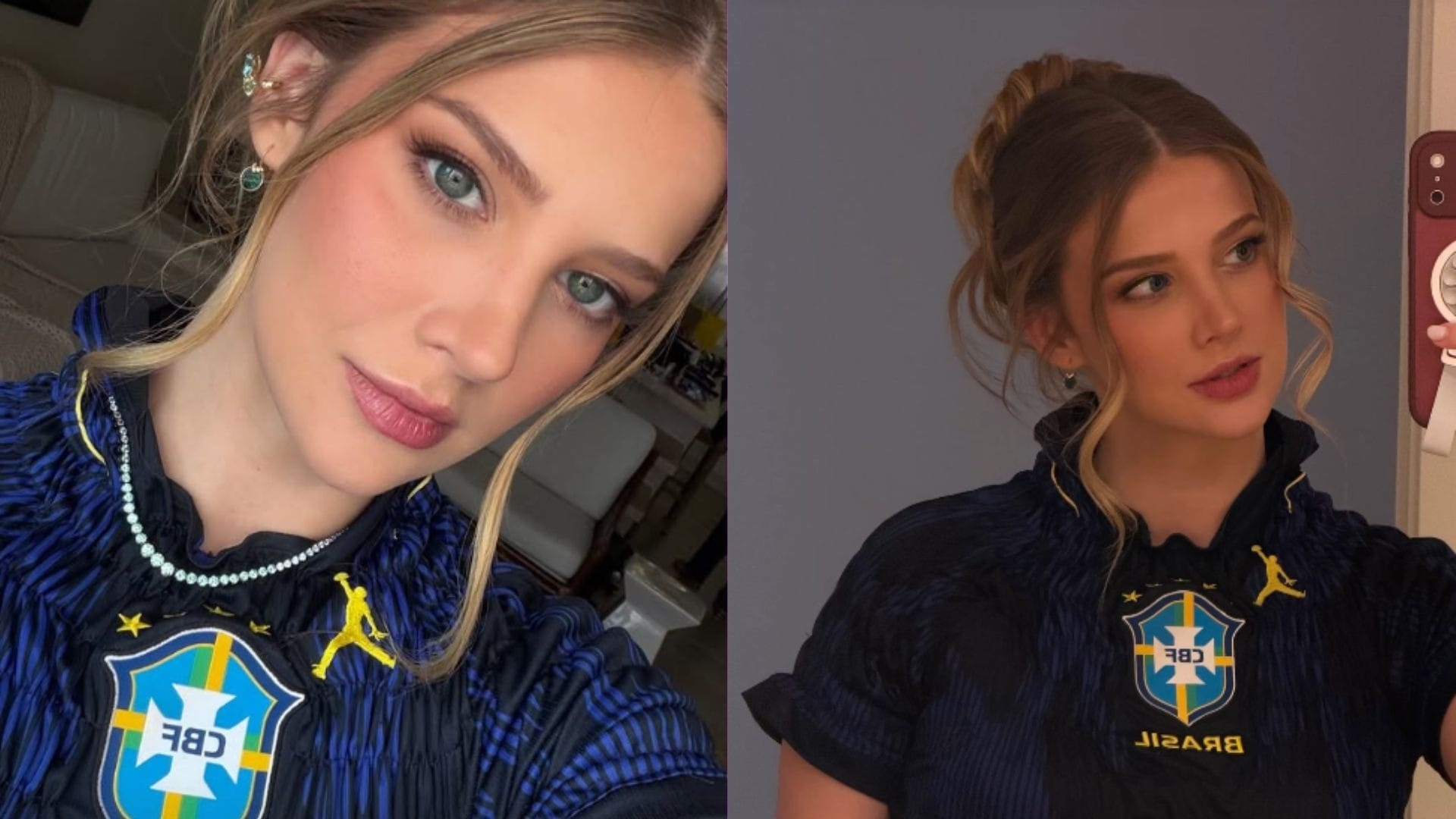Isabella Rousso, noiva de Gabriel Martinelli, usou camisa do Brasil em lastex