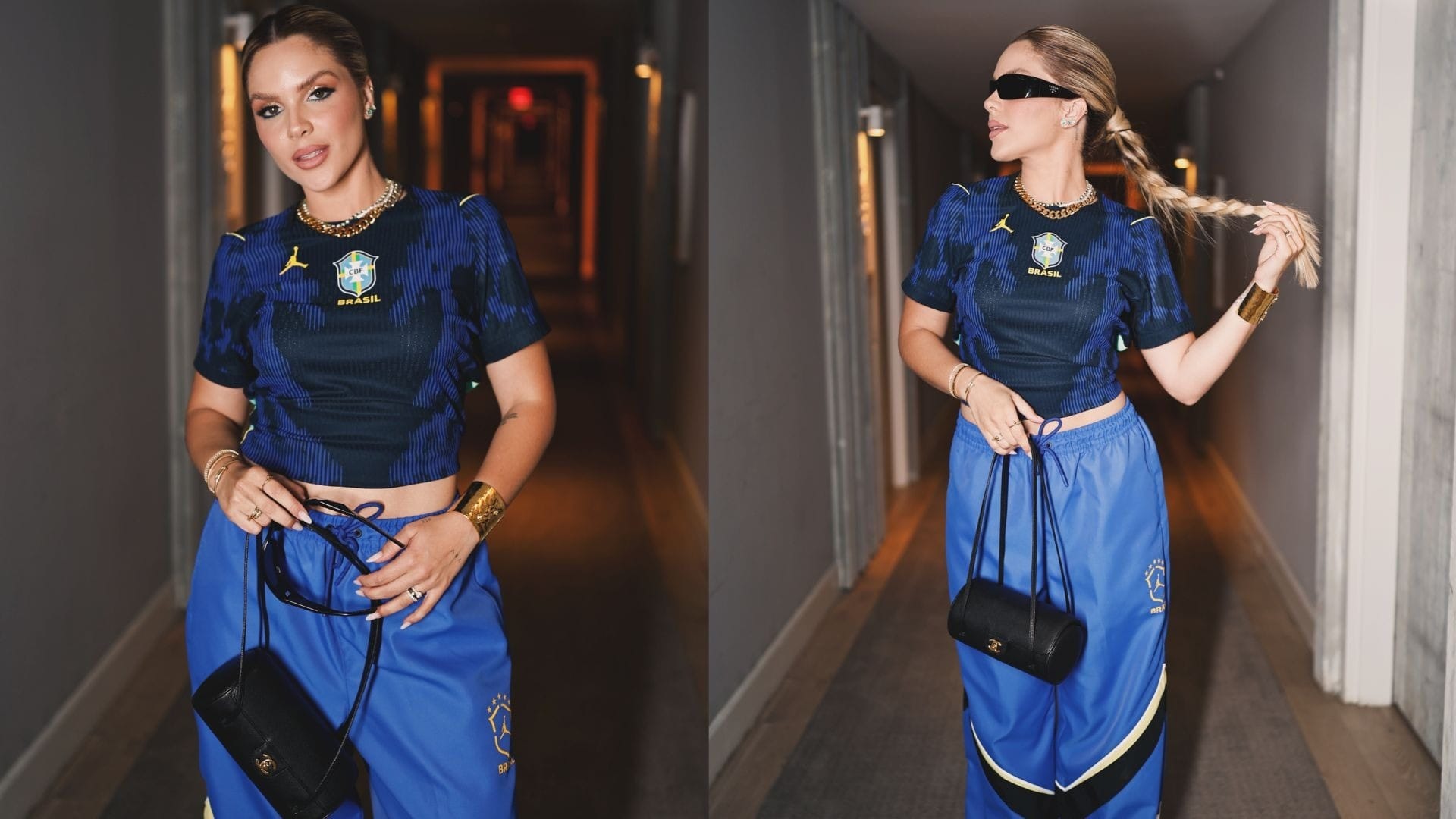 Let&iacute;cia Carvalho, esposa do atacante Igor Thiago, escolheu o azul para homenagear a Sele&ccedil;&atilde;o 