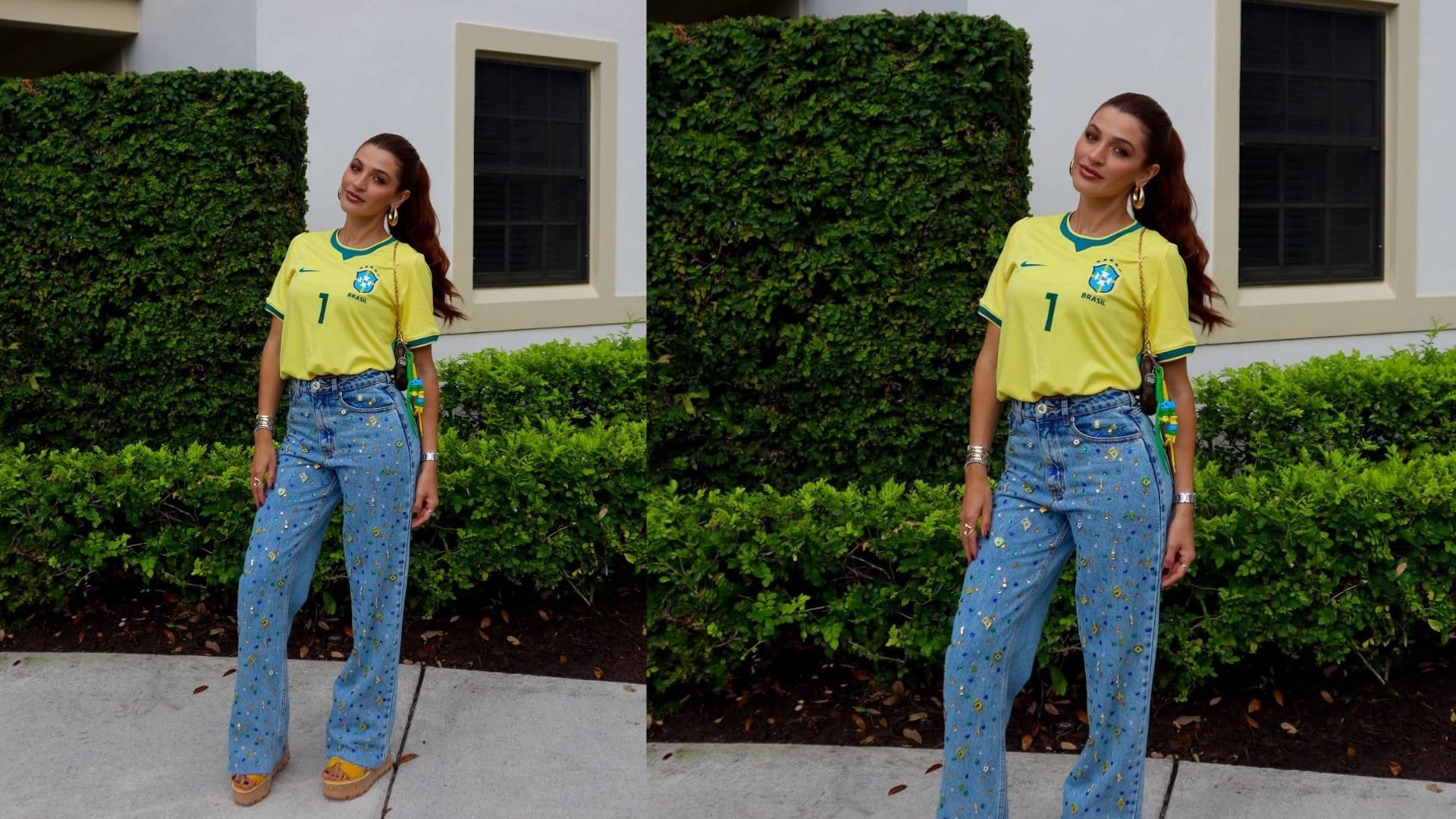Nat&aacute;lia Loewe Becker, esposa do goleiro Alisson, usa cal&ccedil;a com pedrarias e camisa da Sele&ccedil;&atilde;o para assistir jog do Brasil 