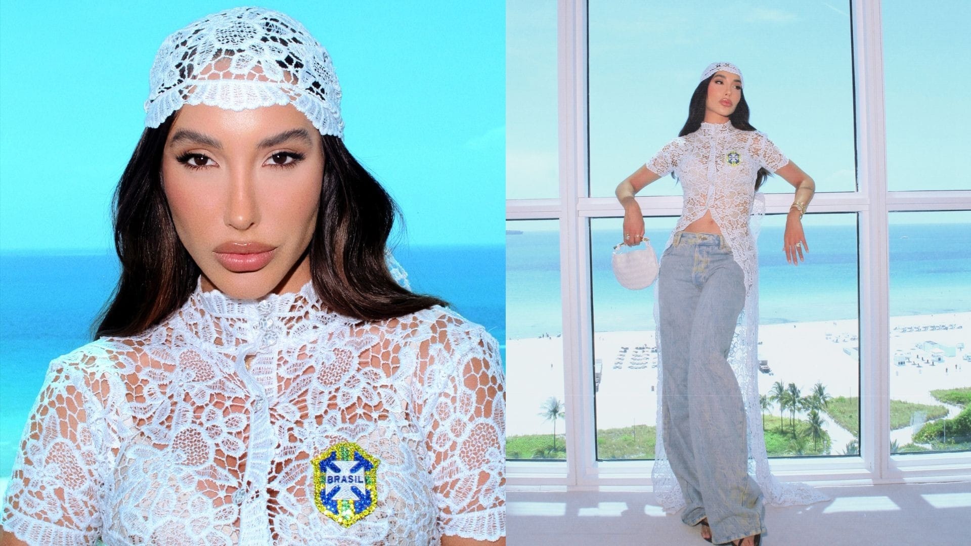 Tammy Parisoto, esposa de Luiz Henrique, escolheu um look com renda e o bras&atilde;o da Sele&ccedil;&atilde;o em pedraria 