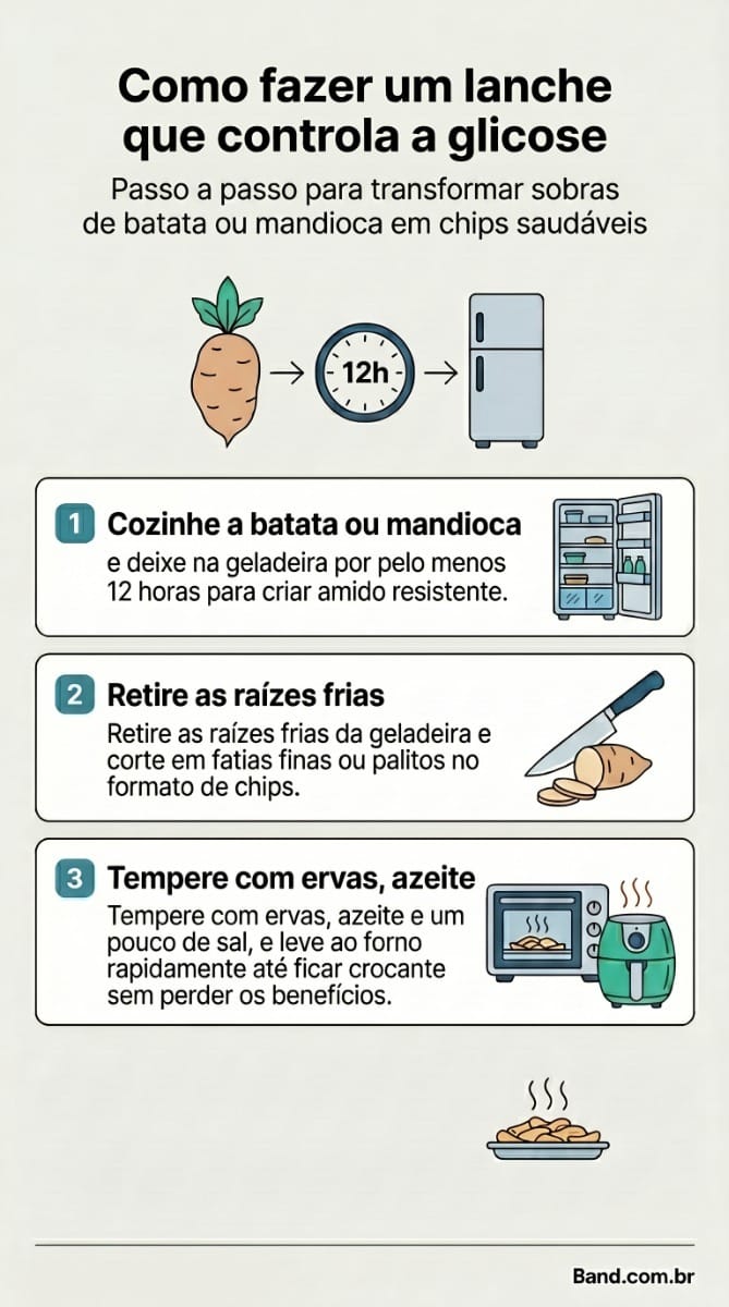 Infográfico explicativo com o título "Como montar um lanche que controla a glicose?". O esquema visual ensina a combinar uma base de carboidrato complexo com uma fonte de fibra, uma gordura boa e uma proteína para evitar picos de insulina.