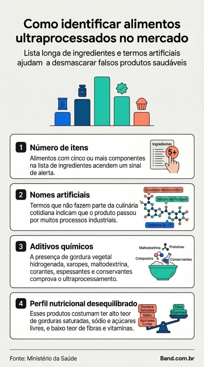 Infográfico explicativo com o título "Como identificar alimentos ultraprocessados no mercado?". O conteúdo ensina a analisar o rótulo dos produtos, destacando a importância de checar a lista de ingredientes e fornecendo exemplos de termos comuns e aditivos químicos que caracterizam um item ultraprocessado.