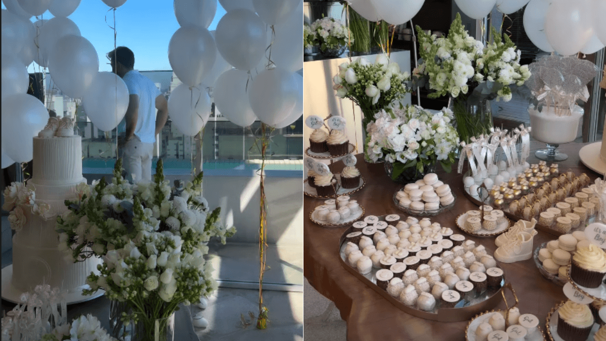 Decora&ccedil;&atilde;o minimalista com rosas brancas e docinhos em tons neutros