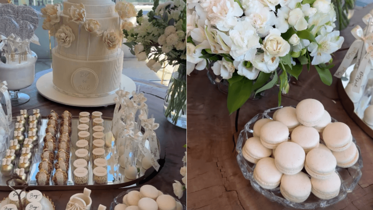 O casal optou por brigadeiros diferenciados, bolo de tr&ecirc;s andares e macarons