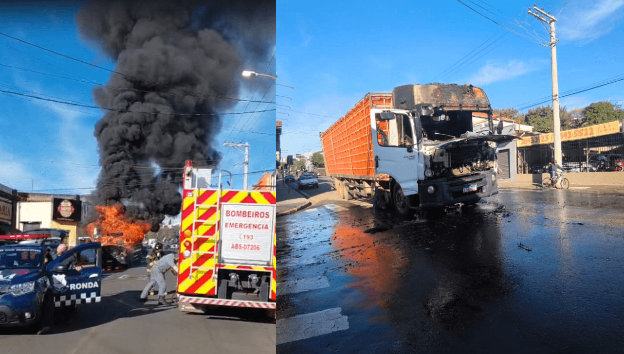 Caminhão carregado com frangos pega fogo em Itapira