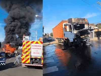 Caminhão carregado com frangos pega fogo em Itapira