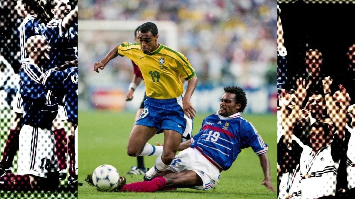 Denílson e Christian Karembeu durante final em 1998 - Crédito: X