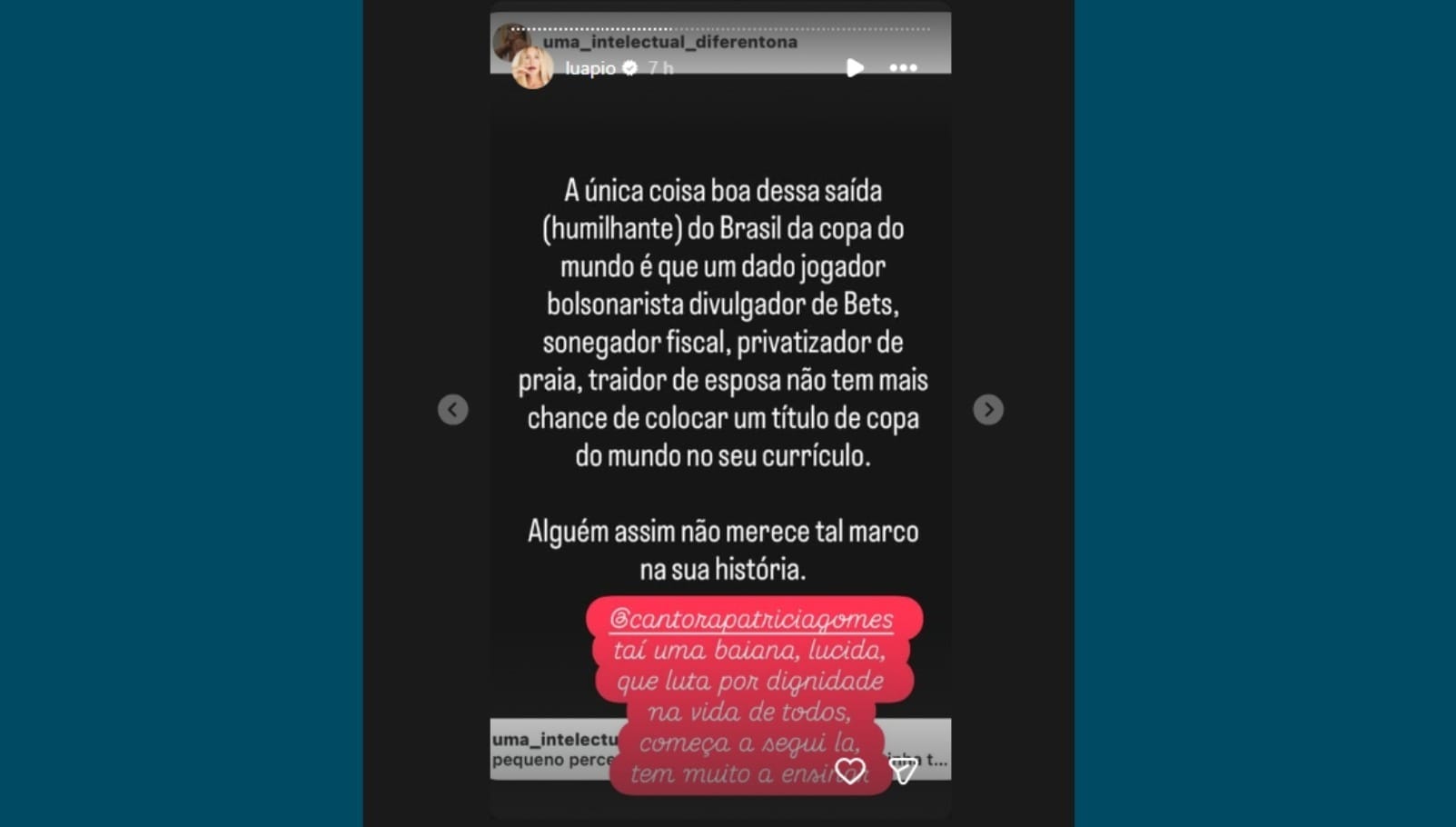 A atriz não poupou críticas ao jogador em um de seus stories. / Foto: Redes sociais