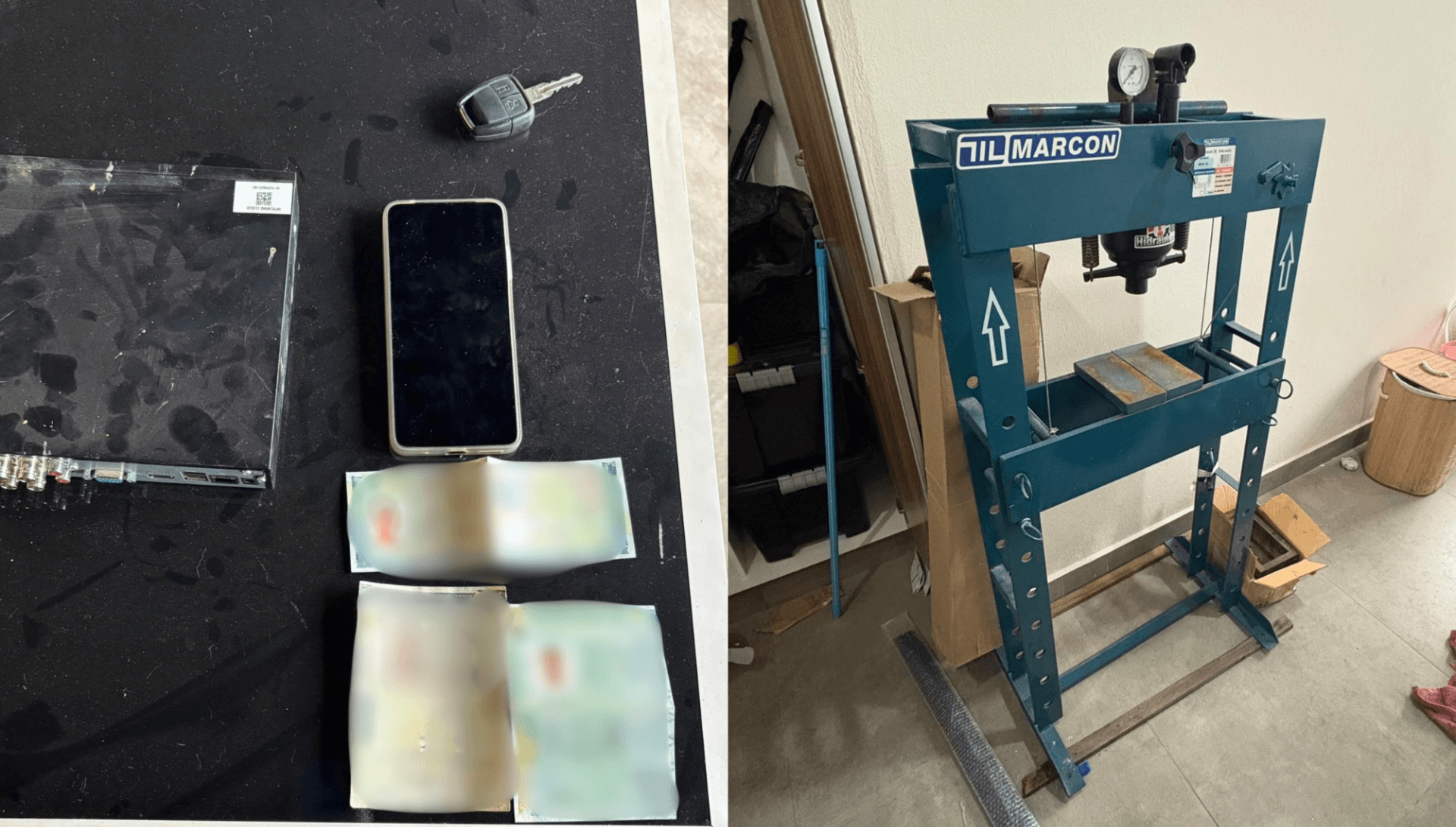 Equipamentos eletrônicos e a prensa apreendidos