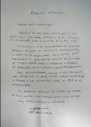Carta de Jair Bolsonaro aos brasileiros (Reprodução)