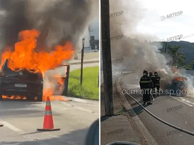 Vídeo: carro pega fogo após pane na Rodovia dos Tamoios, em Caraguatatuba