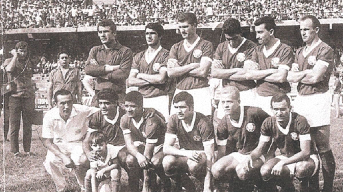 Elenco do Palmeiras em 1968: Chicão, Eurico, Baldocchi, Nelson, Dudu e Ferrari em pé e César, Tupãzinho, Artime, Ademir da Guia e Serginho agachados | Crédito: Acervo Palmeiras
