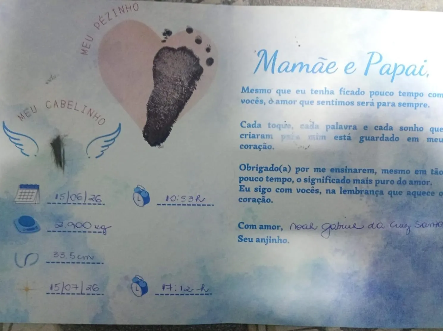 Hospital chegou a entregar homenagem para os pais da criança, com o horário do óbito e mensagem de conforto (foto: Arquivo pessoal/Divulgação)