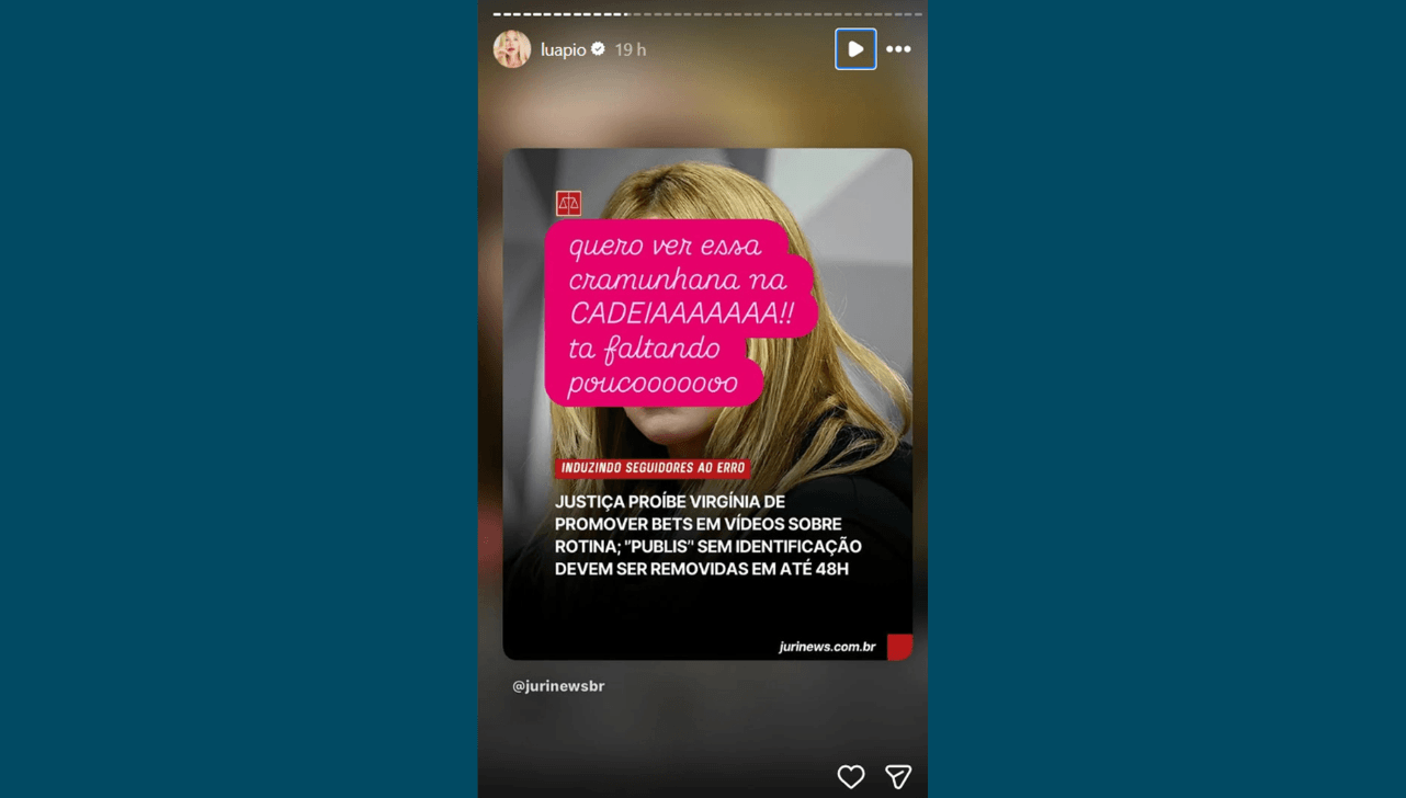 A atriz n&atilde;o escondeu o que deseja: &ldquo;Quero ver essa cramunhana na cadeia! T&aacute; faltando pouco&rdquo;, disparou em um post. / Redes sociais: Luana Piovani
