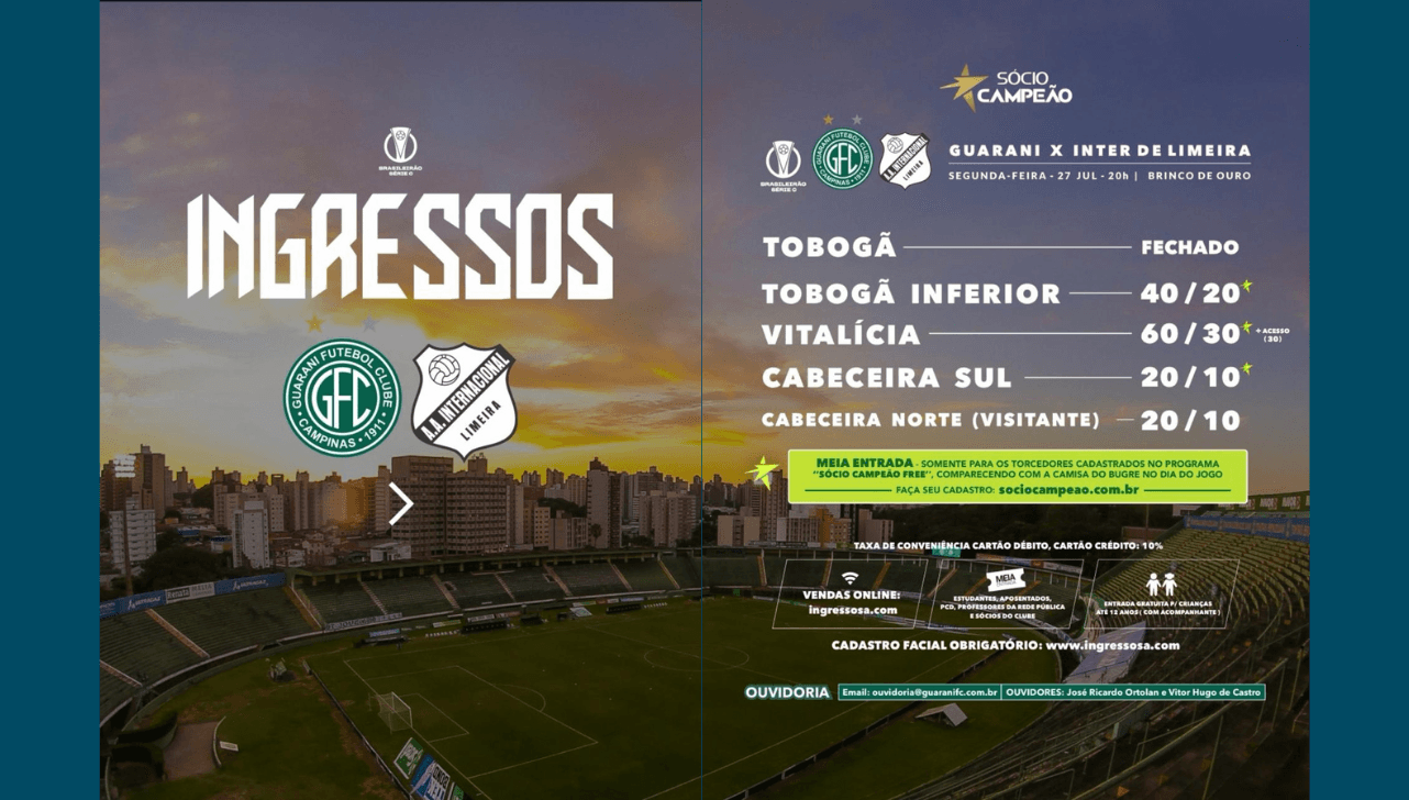 Guarani inicia venda de ingressos para duelo contra a Inter de Limeira