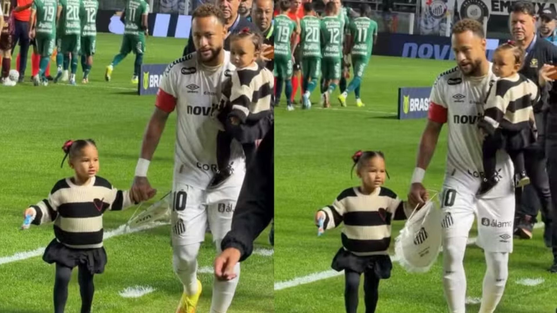 Neymar entra em campo no Santos acompanhado das filhas Mavie e Mel