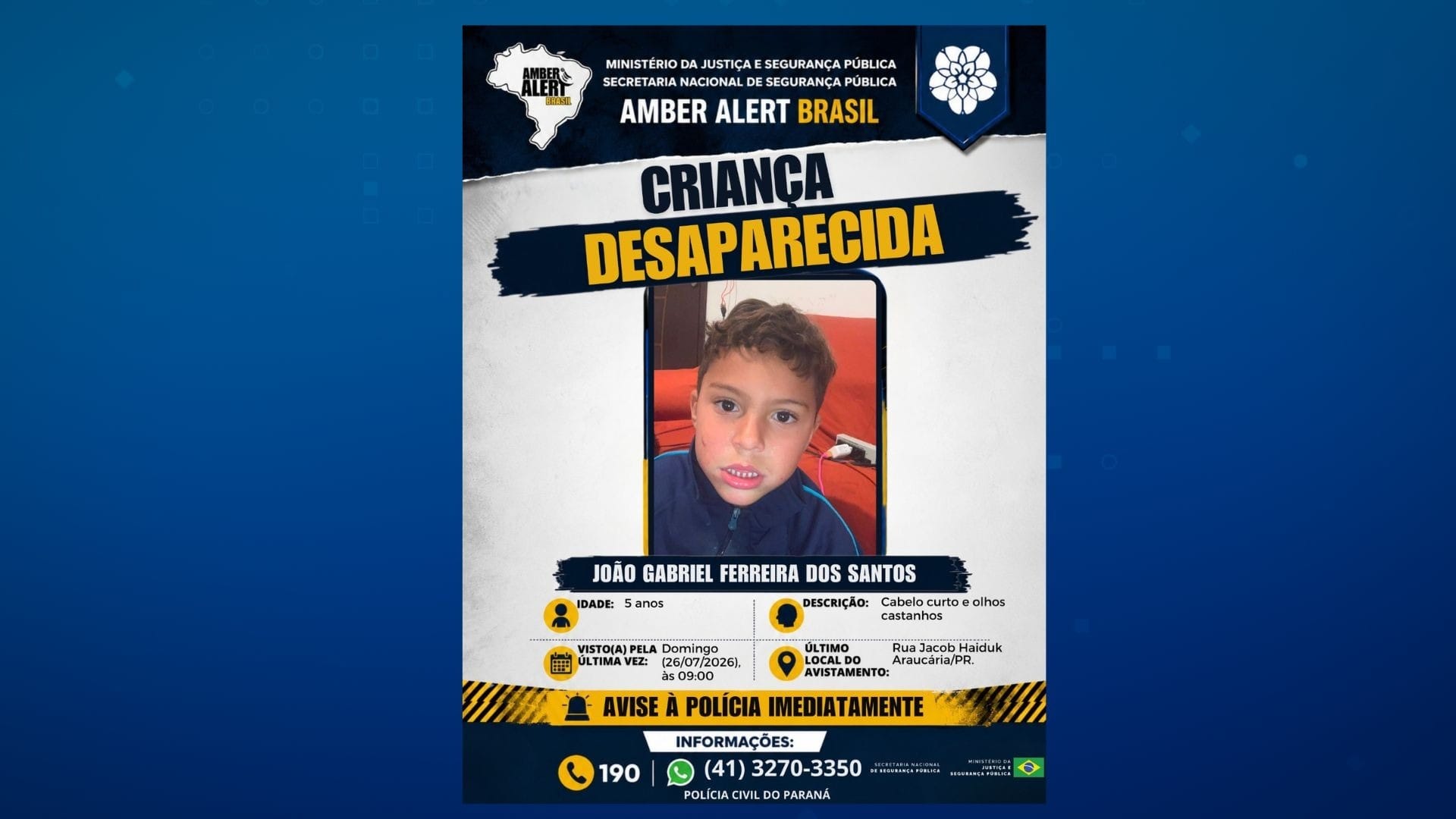 Terceiro dia de buscas por João Gabriel em Araucária