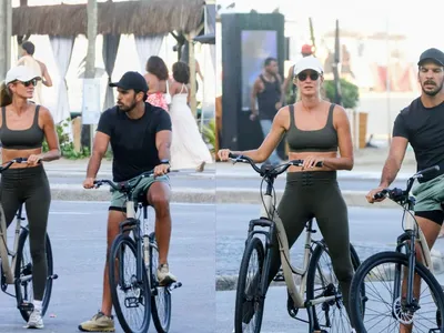 Gisele Bündchen pedala pelo RJ sem chamar a atenção com Joaquim Valente