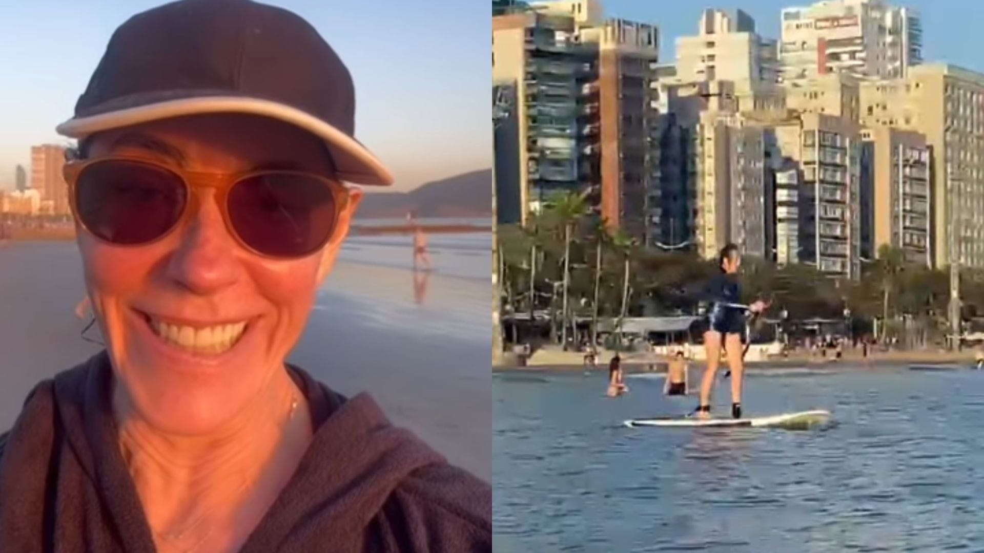 Christiane Torloni curte aula de stand up paddle no litoral de SP