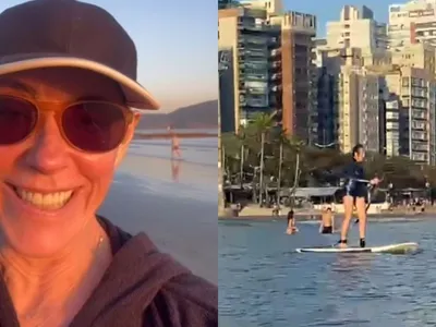 Christiane Torloni curte aula de stand up paddle no litoral de SP