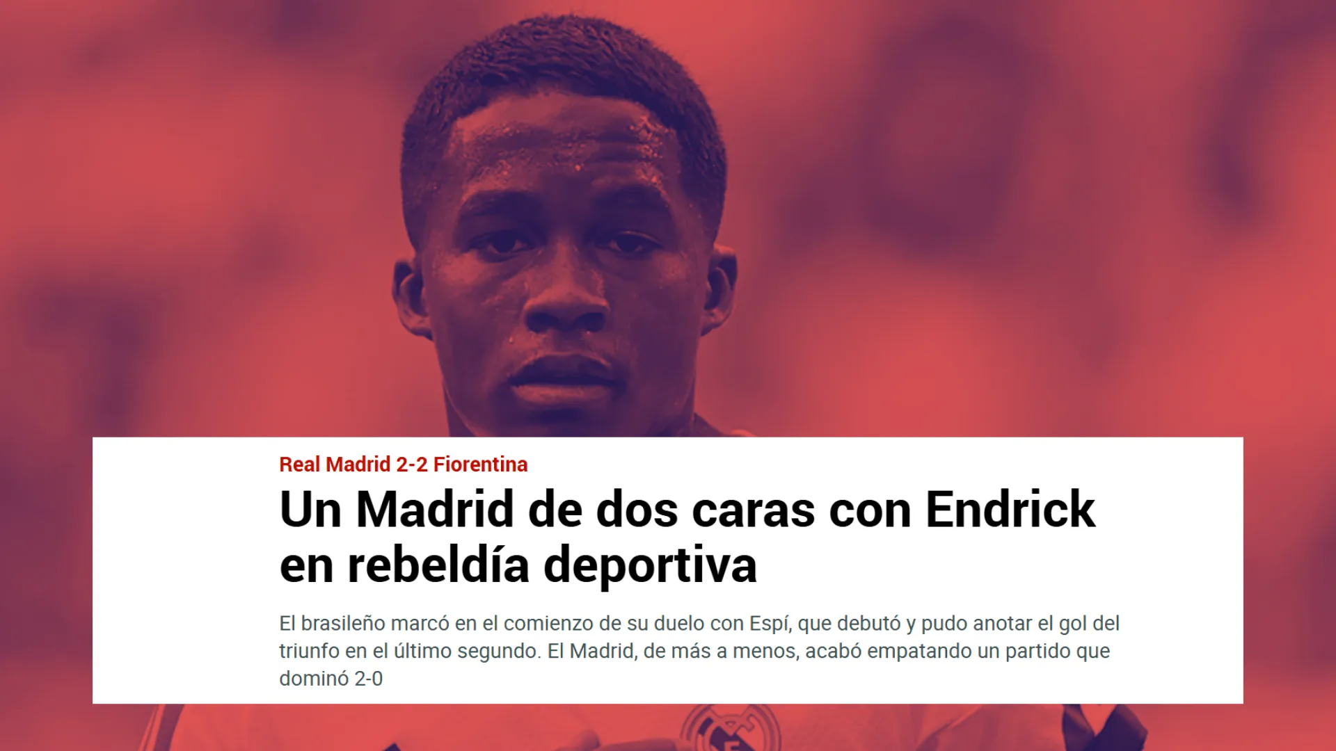 Marca destaca atuação de Endrick em amistoso do Real Madrid. Foto: Reprodução/Marca.com com foto de realmadrid.com