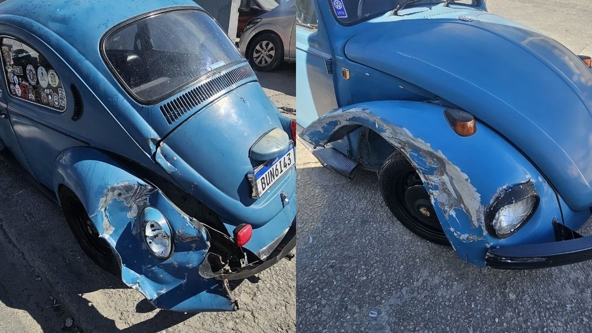 Triciclo atinge Fusca antigo estacionado em Lorena e causa prejuízos - QTU Questões do Universo