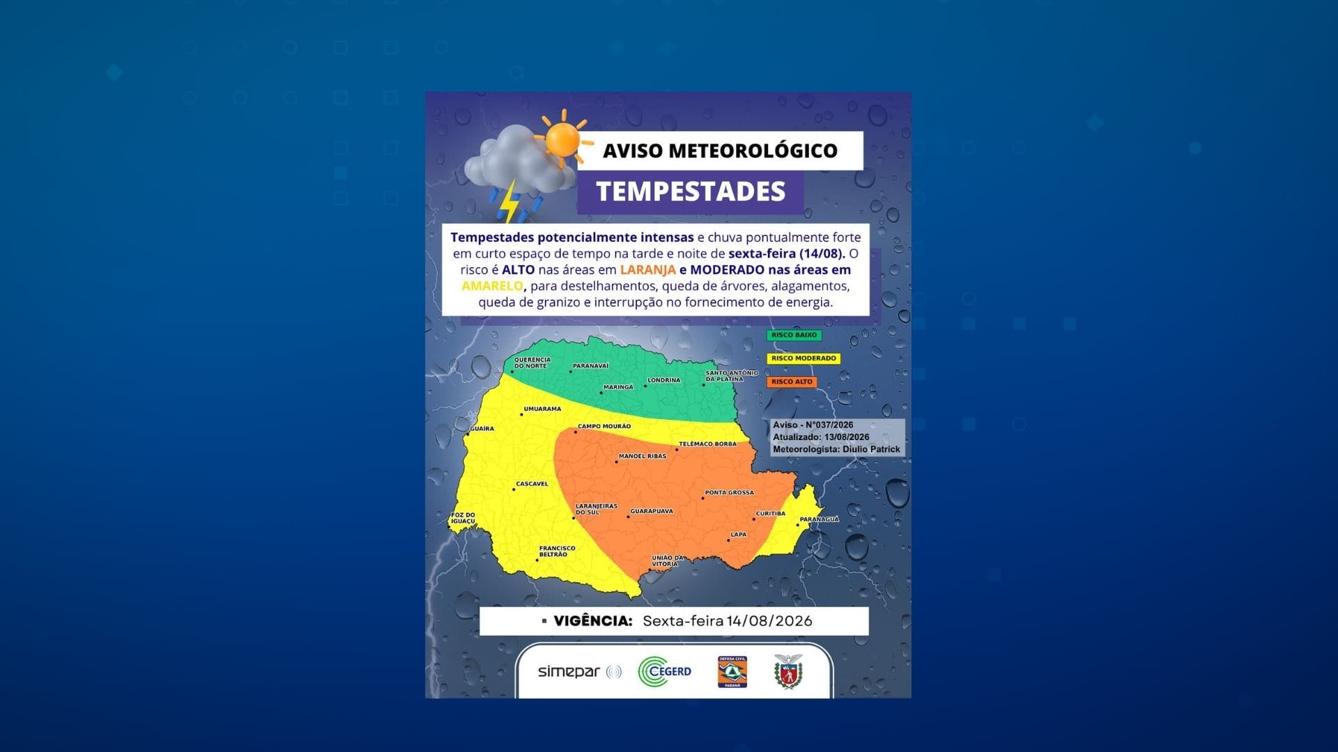 Alerta de tempestades: Curitiba e RMC estão em área de risco alto