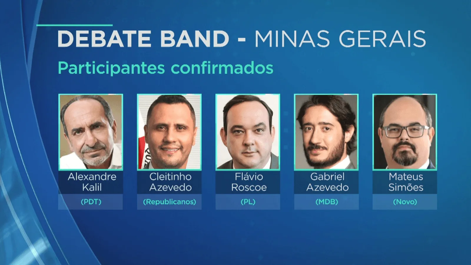 Cinco candidatos participarão do debate ao governo de MG (Reprodução/Band)