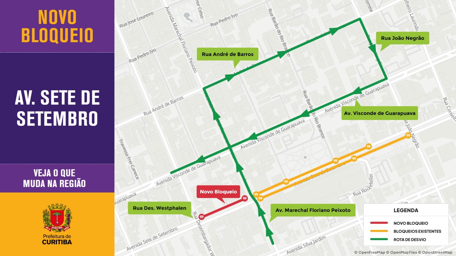 Obras do BRT bloqueiam trecho da Avenida Sete de Setembro em Curitiba