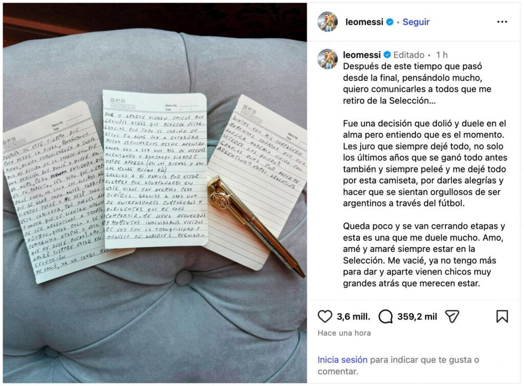 Post de Lionel Messi no Instagram