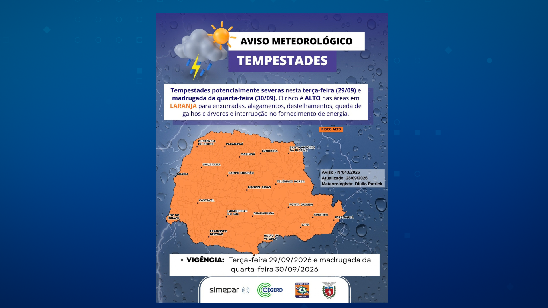 Paraná entra em alerta laranja para tempestades severas e granizo