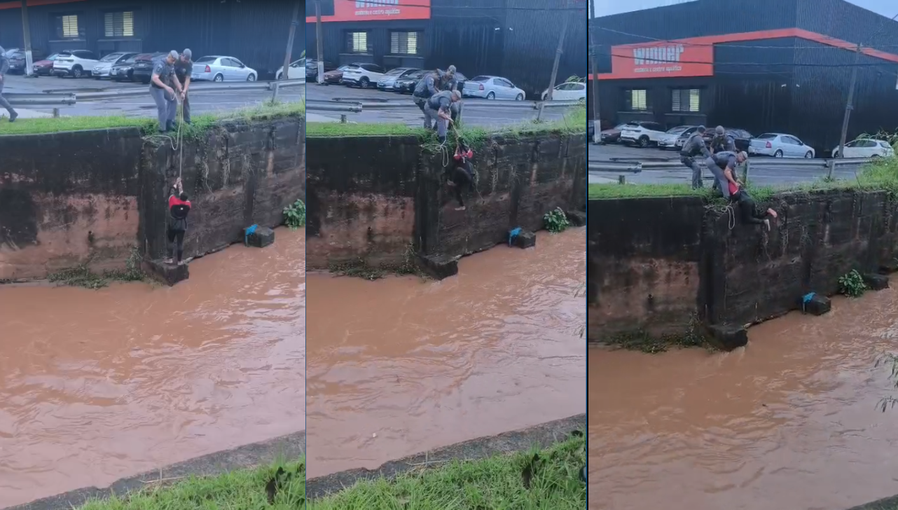 PM resgata mulher prestes a ser arrastada por córrego em Campinas