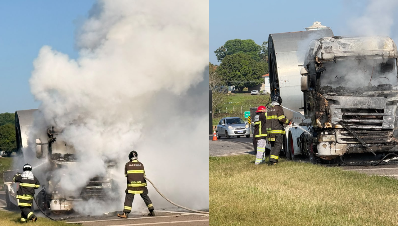 Carreta pega fogo na Rodovia Ademar de Barros e bloqueia faixa 2 da via