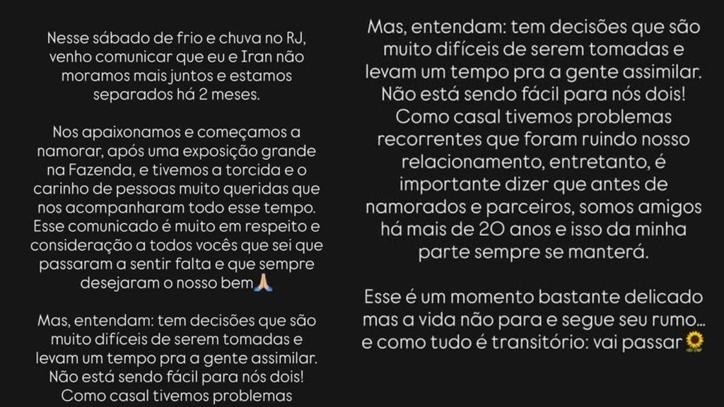 Texto publicado por Bárbara nas redes sociais (Crédito: Reprodução/Instagram @eubarbaraborges)