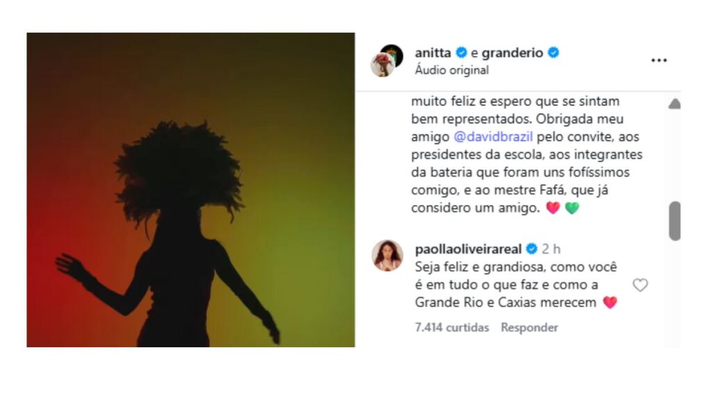 Paolla Oliveira parabeniza Anitta por posto de rainha da Grande Rio