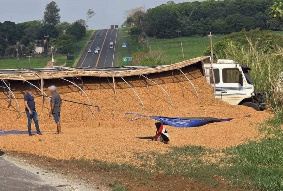 Caminhão carregado com amendoim tomba e interdita rodovia