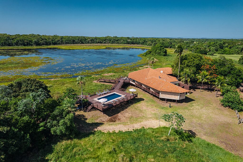 Estrutura construída para se integrar à paisagem nativa sem interferir no ecossistema pantaneiro. Divulgação/Caiman Pantanal